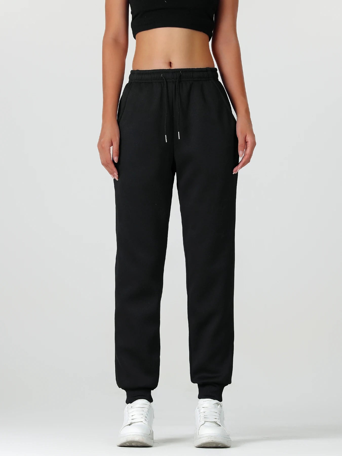 One pair of women's long pants for autumn and winter, thickened with fleece, warm solid color casual sportswear, with pockets