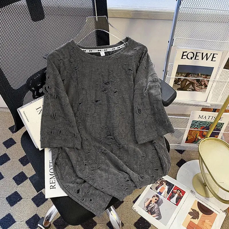 Embroidered Holes Short Sleeve T-Shirt Women Summer New Top