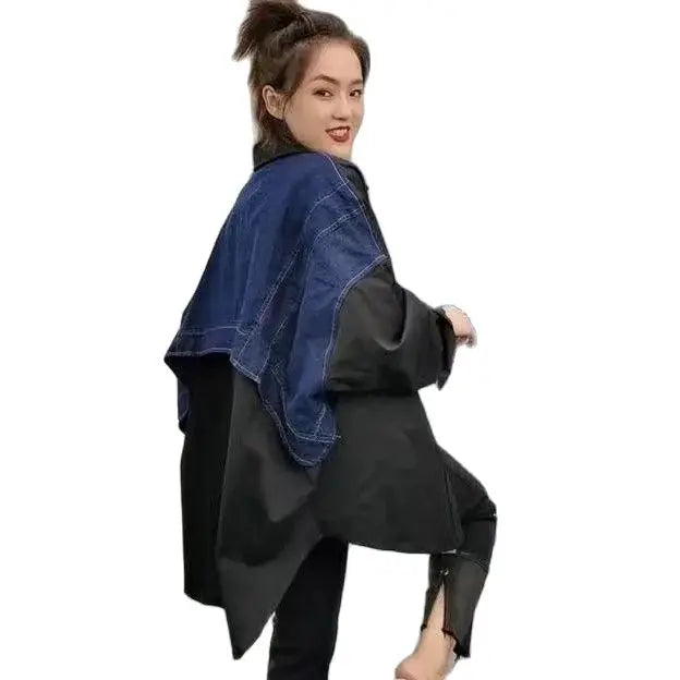 Tannt Women Blouse Denim Patchwork Stitched Ladies Shirt Long Sleeve Loose Leisure Irregular Shirts Fake Two Female Tops 2025