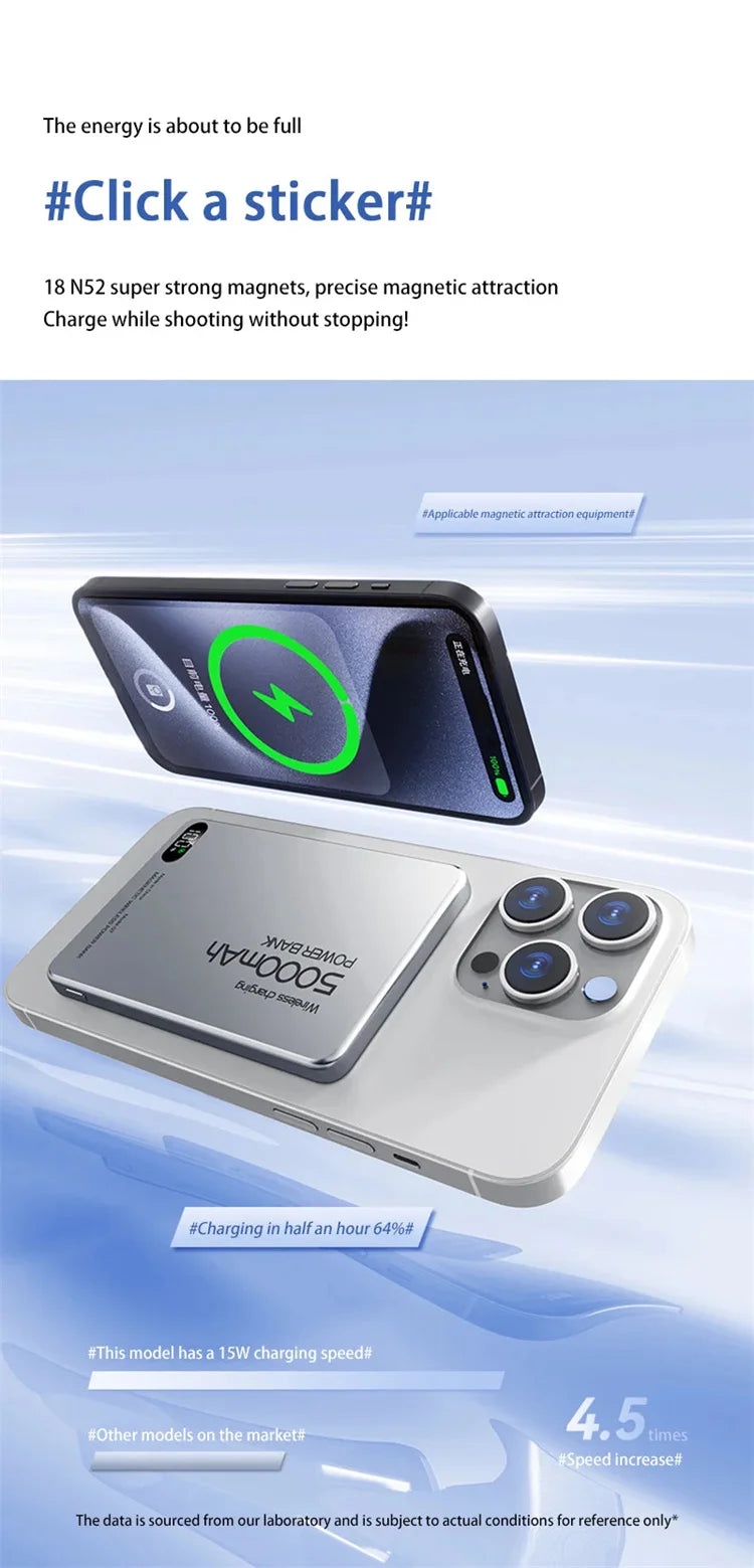 Magnetic Wireless Power Bank Qi2 Alloy Backup Battery PD20W Fast Charging For MagSafe External Battery Portable Charger