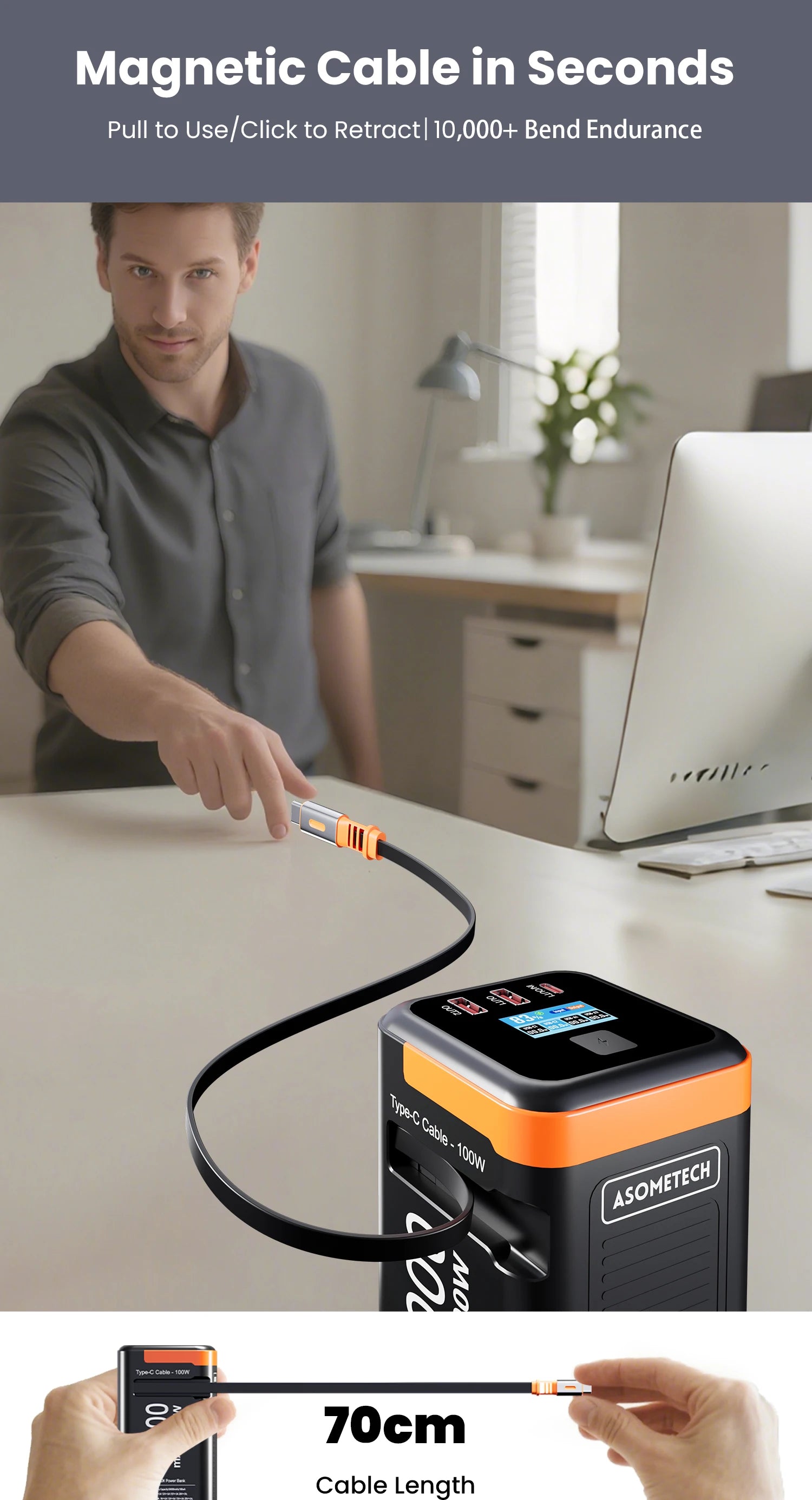 Power Bank 50000mAh 100W PD PPS Super Fast Charging Portable Spare Battery Type-C Retractable Cable Powerbank For Phone Laptop