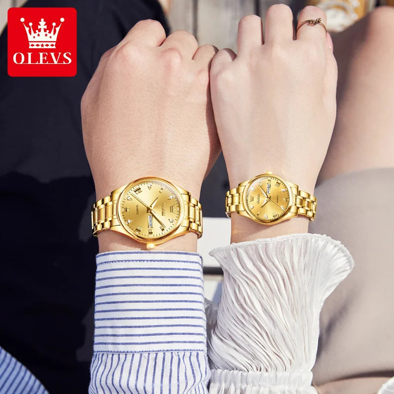 OLEVS Luxury Gold Couple Watches Stainless Steel Original Quartz Watch for Lover Waterproof Luminous Date Week Trend Dress New