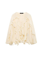 Women's Casual Ruffled Shirt Loose Lace Up Hollow Out V Neck Tops 2025 Spring Blouses Women Clothes