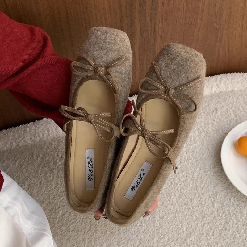 Flats Women's Loafers Shoes Shallow Suede Bow Fashion Shoes Square Toe Casual Dress Autumn 2025 Designer Cozy Zapatos De Mujer