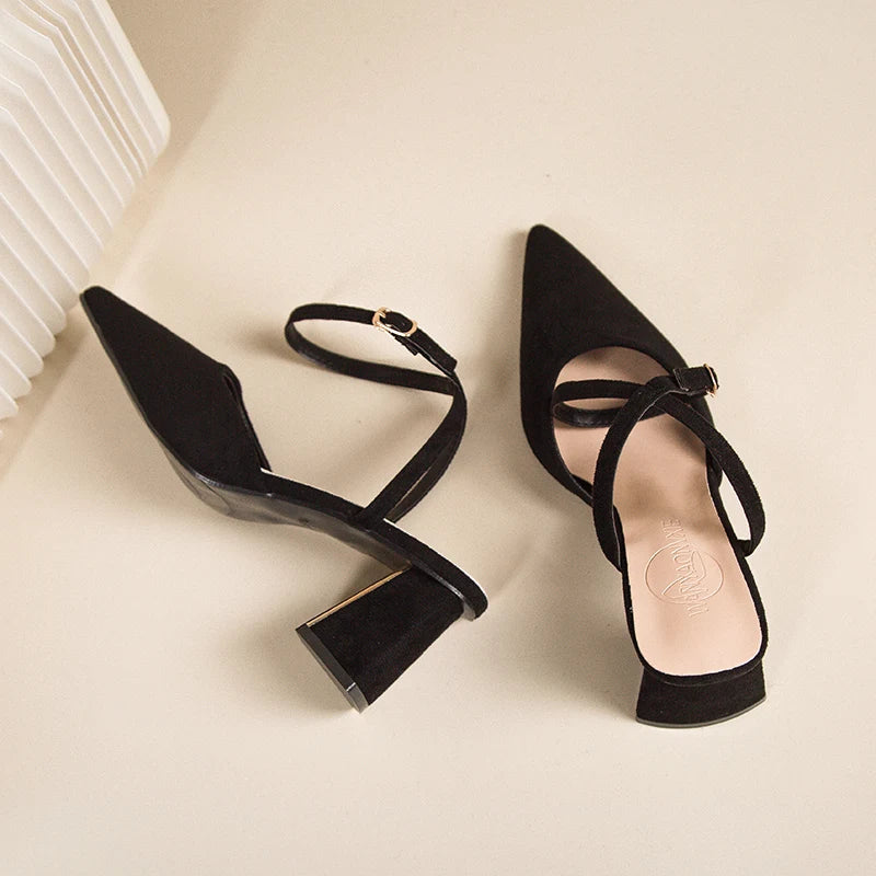 2025 Sandals for Woman Pointed Toe Chunky Footwear Closed Thick Heel Summer Block High Heels Heeled Pumps Women's Shoes Korea