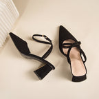 2025 Sandals for Woman Pointed Toe Chunky Footwear Closed Thick Heel Summer Block High Heels Heeled Pumps Women's Shoes Korea