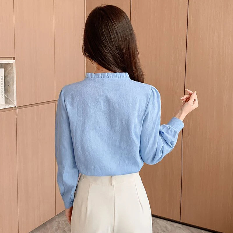 Woman's Embroidery Cotton Long-Sleeved Shirt New Stand Collar Stitching Ruffled Shirts Female Temperament Age-Reducing Thin Top