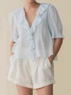 Lace Stitching Women's Pleated Blouse Summer Ruffles Edge V-Neck Puff Sleeve Casual Female Shirt