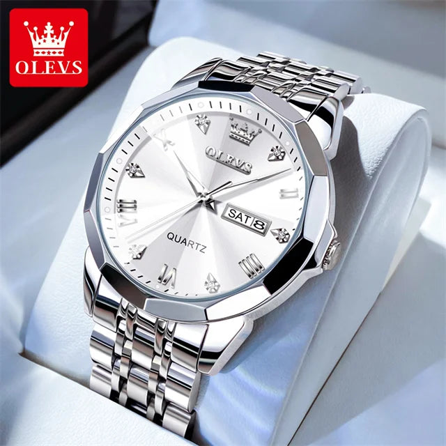 OLEVS 9931 Top Original Couple Watch Stainless Steel Rhombus Mirror Design Luxury Quartz Watch for Men Women Lover's Wristwatch