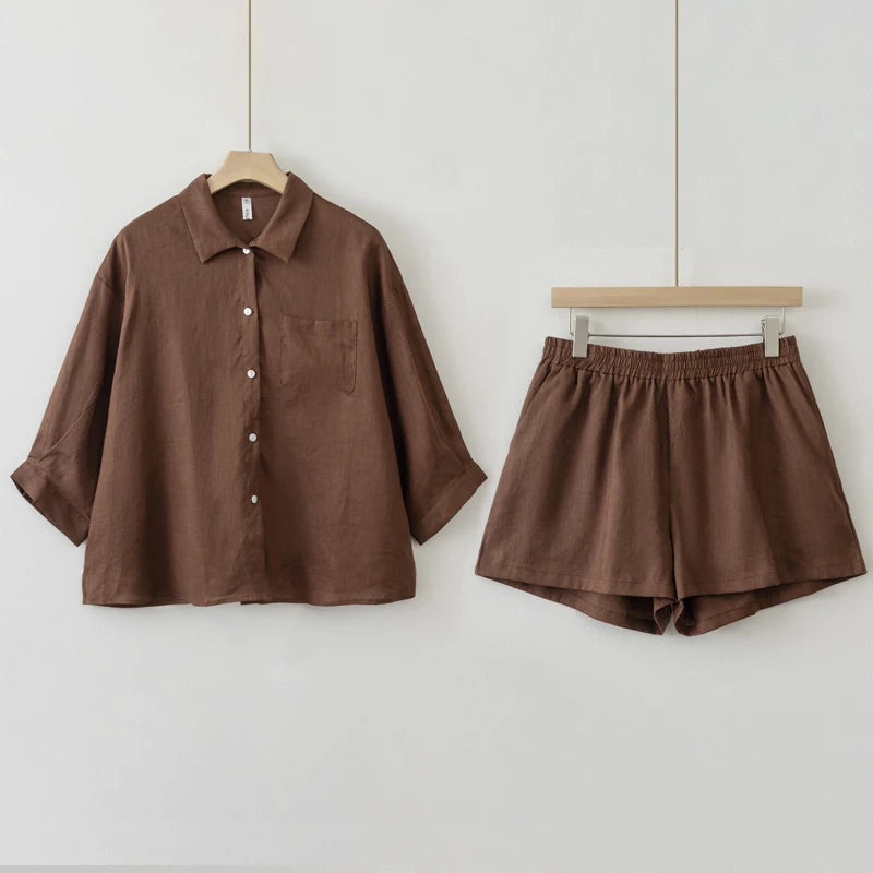 Women 2025 Summer Casual Linen Blouse Shorts Sets