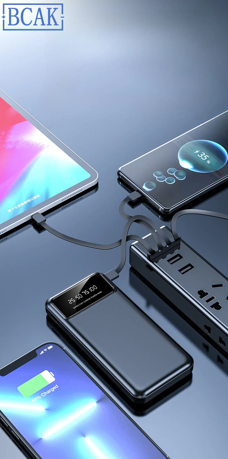 New Style BCAK power bank 20000mAh self-contained cable fast charging mini mobile phone gift mobile power supply