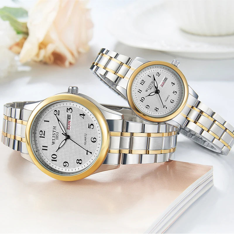 Couple Watch Luxury Quartz Wristwatches For Women Man Bussiness Stainless Steel Watches Waterproof Week Date Wristwatch Clock