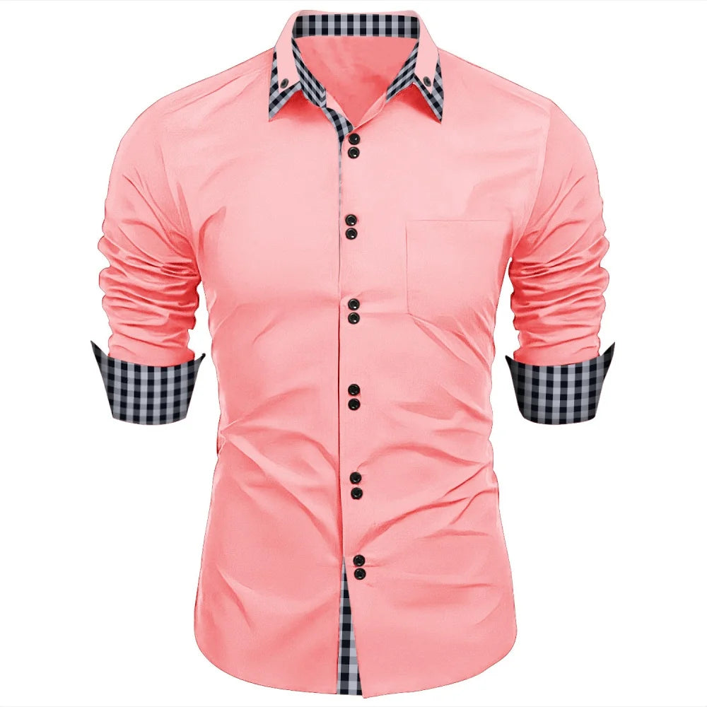New men's shirt - traditional long-sleeved double-breasted plain-colored loose-fitting office shirt - men's business casual top