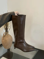 Pointed Toe Women High Boots Leather Fashion Sexy Heels Shoes Woman Trend New Snow Boots Low Heels Elegant Goth Mujer Botas