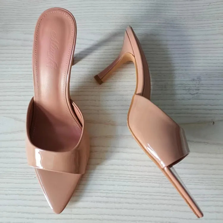 Women's Slippers 2025 New Summer Slim Heel Pointed Toe Worn with A Straight Drag Patent Leather High-heeled Slippers for Womens