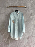 Women Blue and White Striped Cartoon Embroidery Casual Loose Cotton Shirt Top