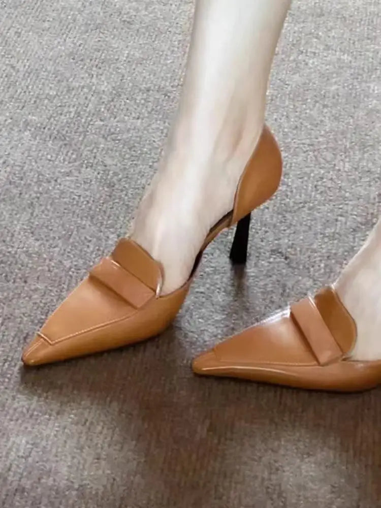 2025 Early Spring New High Heels for Women's Sexy Leather Small Square Buckle Pointed Toe Shallow Mouth Elegant Slim Heels Shoes