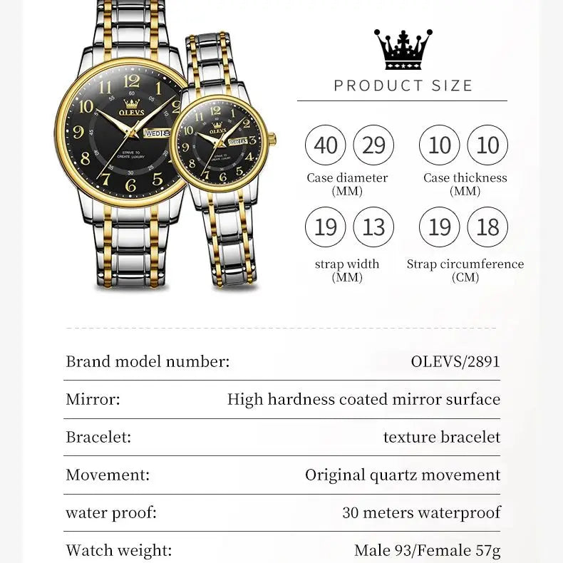 OLEVS 2891 Original Quartz Couple Watch Brand Luxury Double Calendar Waterproof Date Clock His and Her Watch Gift Couple Watch