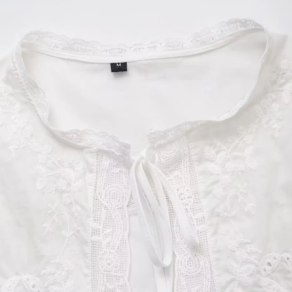 Women's Lace Embroidery Blouses, O Neck, Sleeveless, Front Tied, Female Shirts, Chic Tops, Fashion