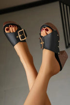 Women Slippers 2025 Summer New Fashion Elegant Soft Platform Shoes Ladies Chunky Heels Buckle Designer Slippers