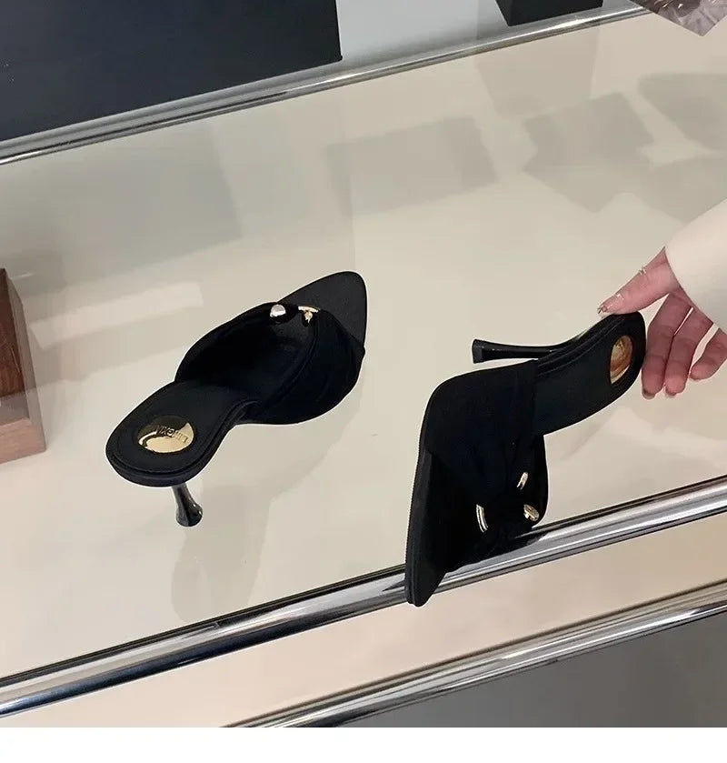 Elegant Woman Heeled Shoes 2025 New Open Toe Slippers Women Fashion Outdoor Metal Decoration Summer Plus Size Dress High Heels