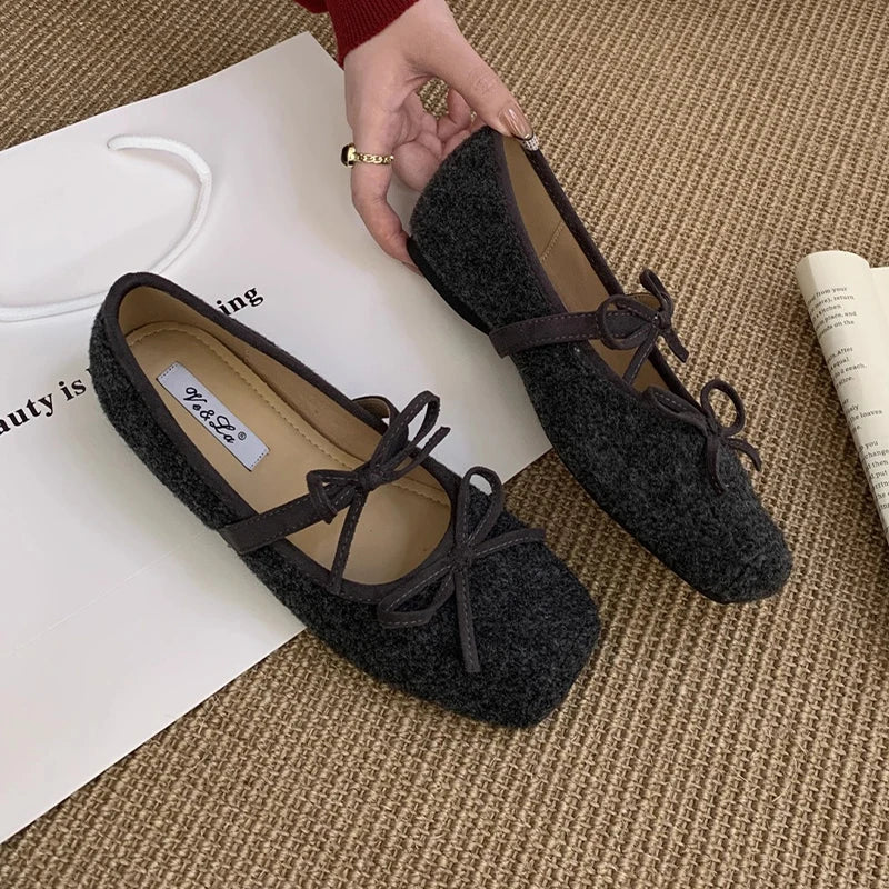 Flats Women's Loafers Shoes Shallow Suede Bow Fashion Shoes Square Toe Casual Dress Autumn 2025 Designer Cozy Zapatos De Mujer