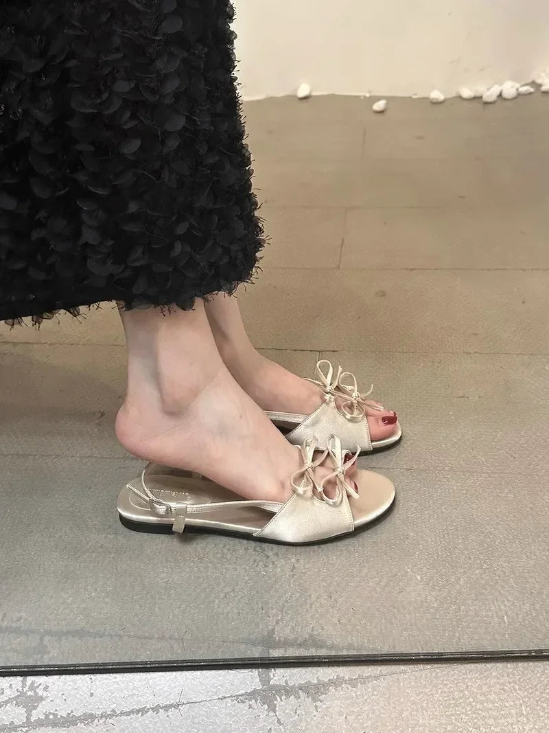 Flats Women Sandals Bow Designer Shoes Woman Slippers Summer 2025 New Casual  Walking Slides Fashion Dress Sandalias De Mujer