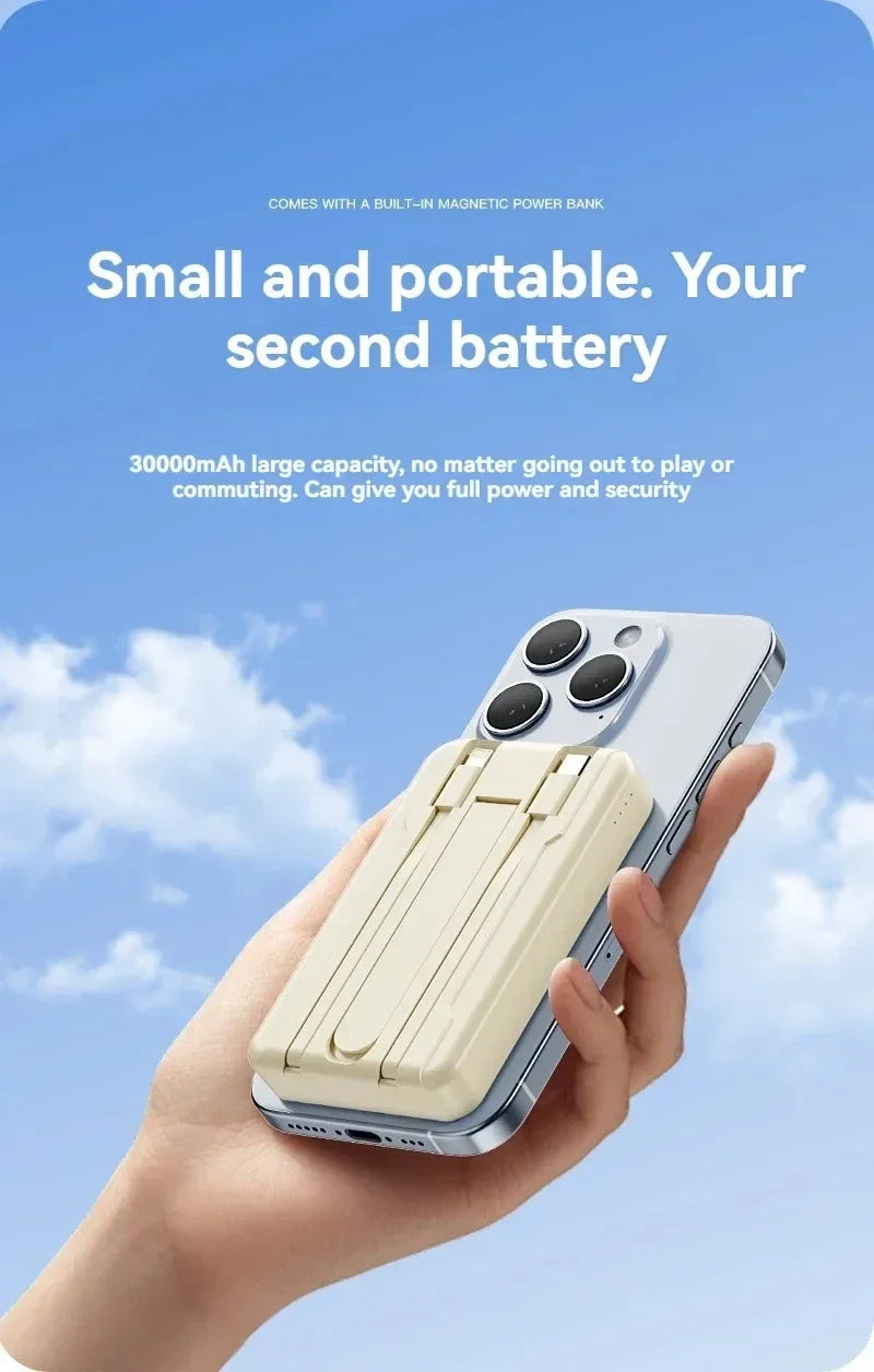 Wireless power bank, built-in cable holder, large capacity, super fast charging, power bank, magnetic, 30000mAh, new