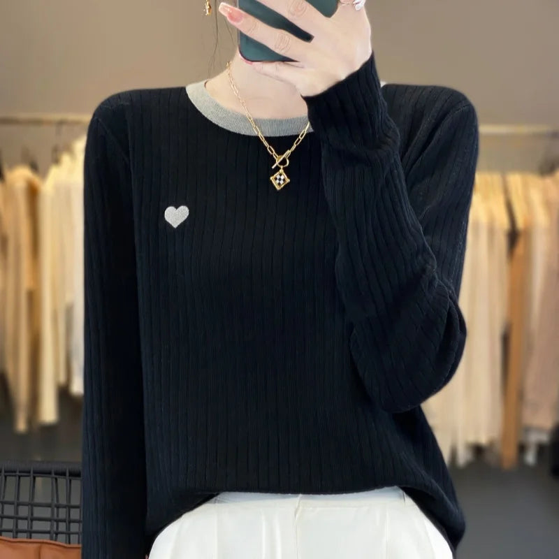 Women's Pullover Autumn/Winter 100% Wool Sweater Stitching Casual Knit Sweater Round Neck Tops Ladies Clothes Embroidery Blouse
