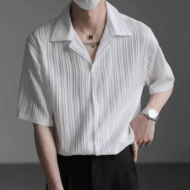 Men's Shirt Black Loose Short Sleeve Male Shirts Designer with Collar High Quality Luxury Sleeves Silk New in Vintage Slim Fit