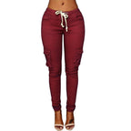 Pants Casual Solid Color Women Trousers Skinny Cargo Pockets Drawstring Joggers Trousers