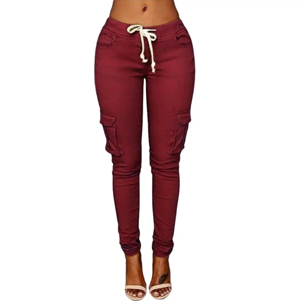 Pants Casual Solid Color Women Trousers Skinny Cargo Pockets Drawstring Joggers Trousers