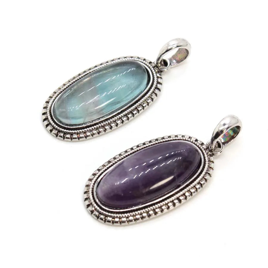 Natural Crystal Oval Stone Pendants For Women Necklace DIY Amethyst Rose Quartz Lapis Lazuli Gemstone Pendant Jewelry No Chain
