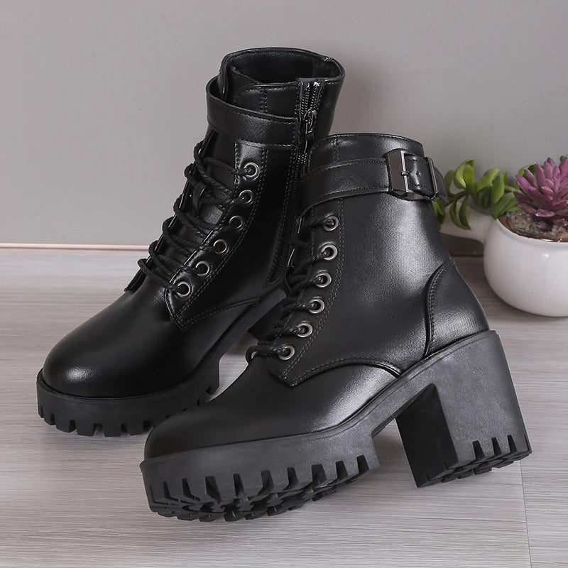 Women's High Heels Ankle Boots for 2023 Black PU Leather Platform Short Boots Woman Side Zipper Thick Heeled Punk Botas De Mujer