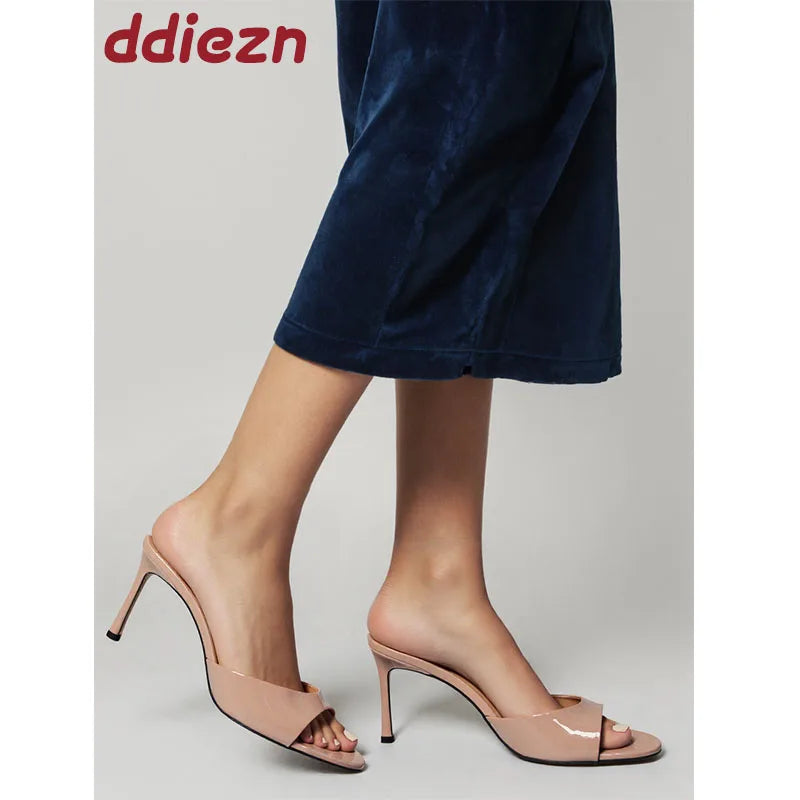 Heeled Footwear Female Slides Women Slippers Summer Spring Fashion Round Toe Ladies Thin Heels Slippers Sandals Pumps Shoes
