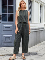 Fashion Women's Pants Set Printed Plaid Sleeveless 2025 Spring Summer Relaxed Vest Nine Point Pants Home Wear Female 2 Piece Set