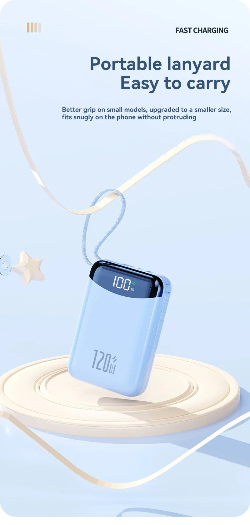 120W Fast Charging Power Bank 20000mAh Large Capacity Portable External Battery Comes with 2 Lines for IPhone Xiaomi Huawei New