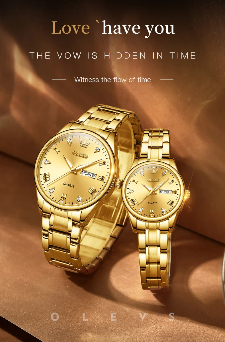 OLEVS Luxury Gold Couple Watches Stainless Steel Original Quartz Watch for Lover Waterproof Luminous Date Week Trend Dress New