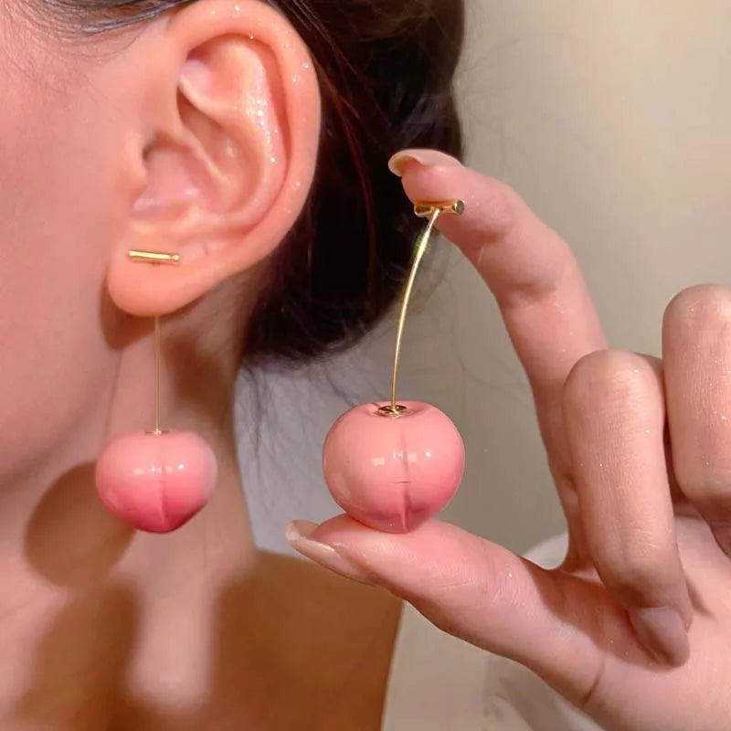 2025 New Fashion Pink Cherry Pendant Earrings For Women Kpop Sweet Lovely Acrylic Resin Fruit Long Drop Earrings Jewelry