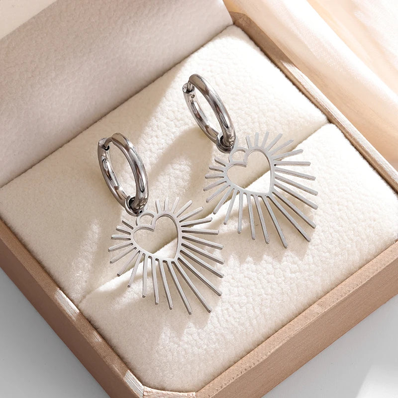 Geometric Heart Shaped Sun Pendant Earrings Stainless Steel Women's Earrings Fashion Charm Hip Hop Trendy Wedding Jewelry
