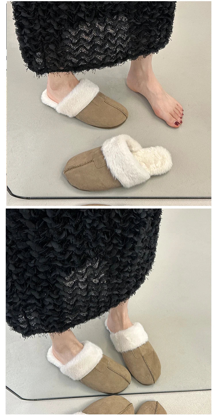 Fur Flats Women Cotton Slippers Fashion Warm Shoes Winter Short Plush Designer Cozy Woman Boots 2025 New Dress Mujer De Boots