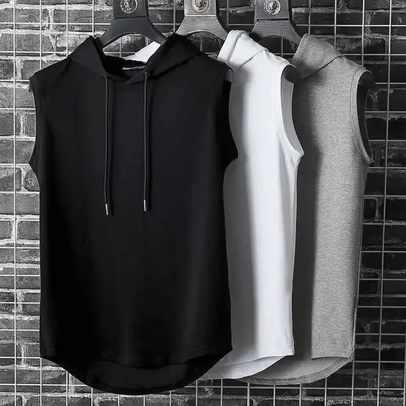 Men Tie Collar Hooded Sleeveless Vests Male Summer Loose Solid Hip Hop Tee Shirt Tops