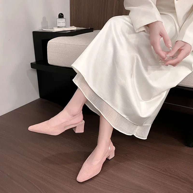 Women's summer sandals, fashionable suede design, sexy pointed-toe women's formal shoes, comfortable square-heeled women's shoes