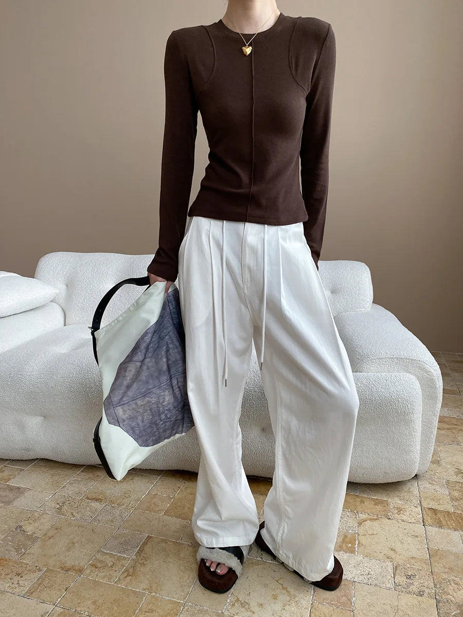 Women's casual stitching slim fit shoulder slimming base long sleeved T-shirt