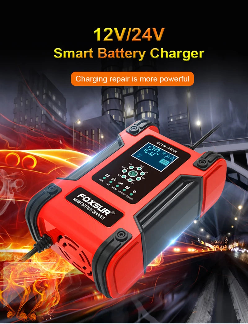Car Battery Chargers 12A Large Power Full Automatic Smart Battery Chargers 12V 24V Battery Desulfator for Car Truck