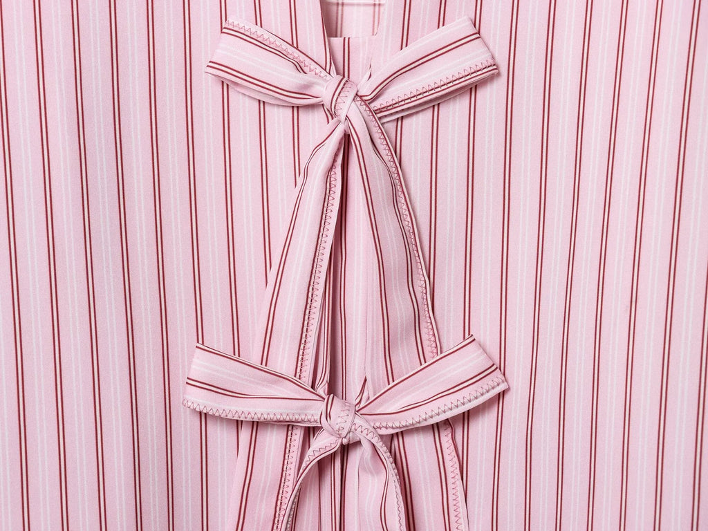 Women Striped Printed Lace-Up Shirt With Bow New Puff Long Sleeves V-Neck Hollow Out Blouses Sweet Ladies Fashion Tops