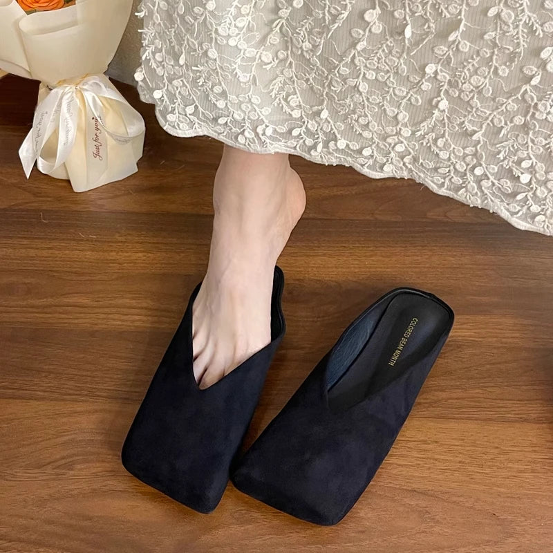 Flats Women Square Toe Slippers Designer Shallow Mule Shoes 2025 Summer New Casual Shoes Fad Brand Walking Soft Femme Chaussures