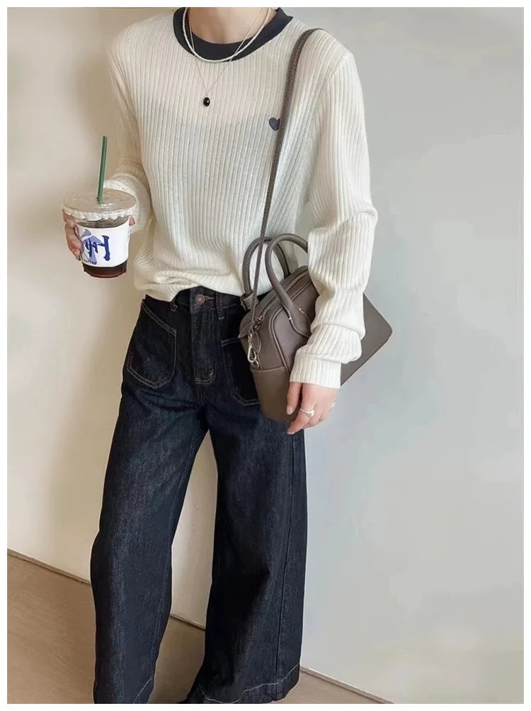 Women's Pullover Autumn/Winter 100% Wool Sweater Stitching Casual Knit Sweater Round Neck Tops Ladies Clothes Embroidery Blouse