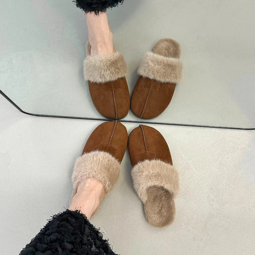 Fur Flats Women Cotton Slippers Fashion Warm Shoes Winter Short Plush Designer Cozy Woman Boots 2025 New Dress Mujer De Boots