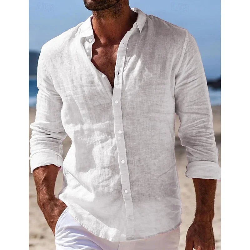 Men's Shirt Linen Shirt Summer Beach Shirt Button Solid Color Casual Daily Black White Pink Navy Blue Long Sleeve Lapel XS-6XL